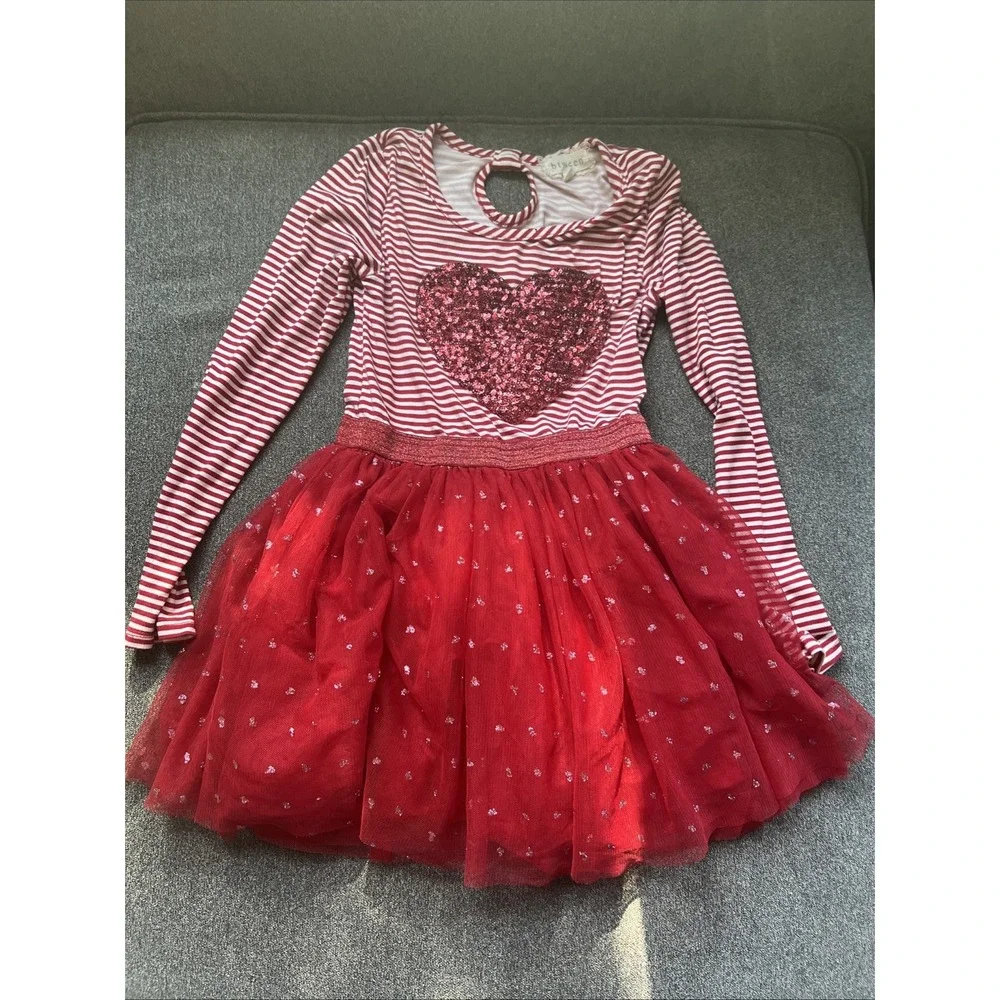 btween Heart Tutu Dress Girls Size 6 Red White Striped Long Sleeve Glitter